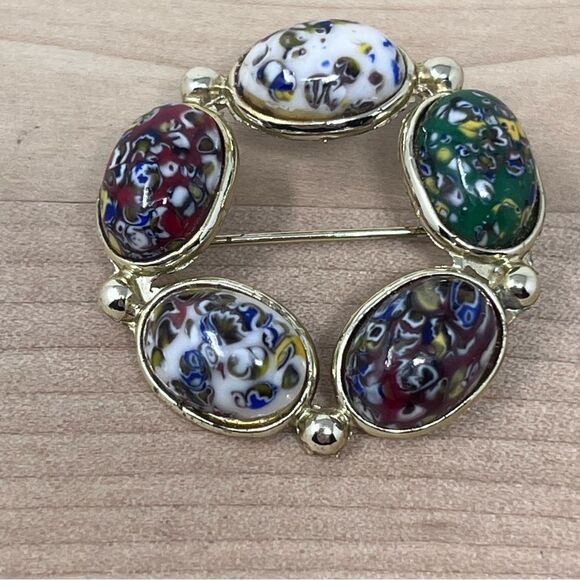 Vintage Millefiore Venetian Glass Brooch Murano Art Cabochons Gold tone - Picture 2 of 10